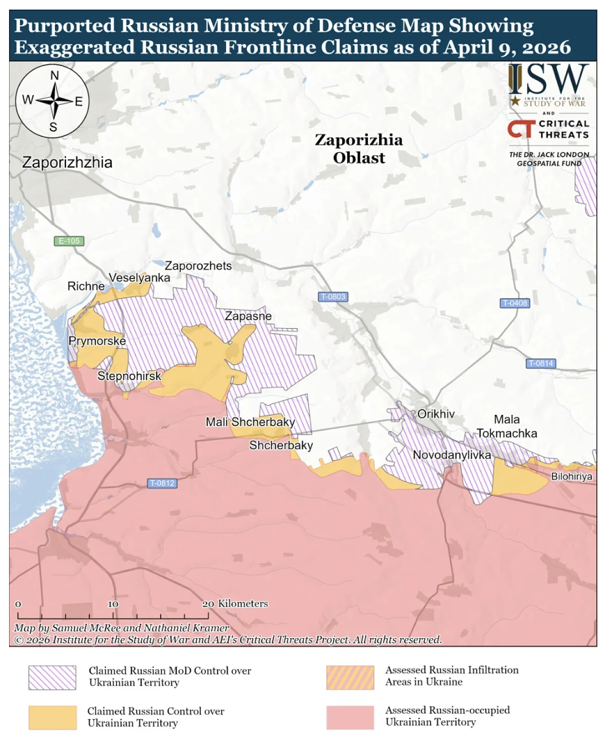 Российское наступление в тупике: ISW опровергает заявления Кремля Карта ISW с преувеличенными претензиями Минобороны РФ на Запорожье
