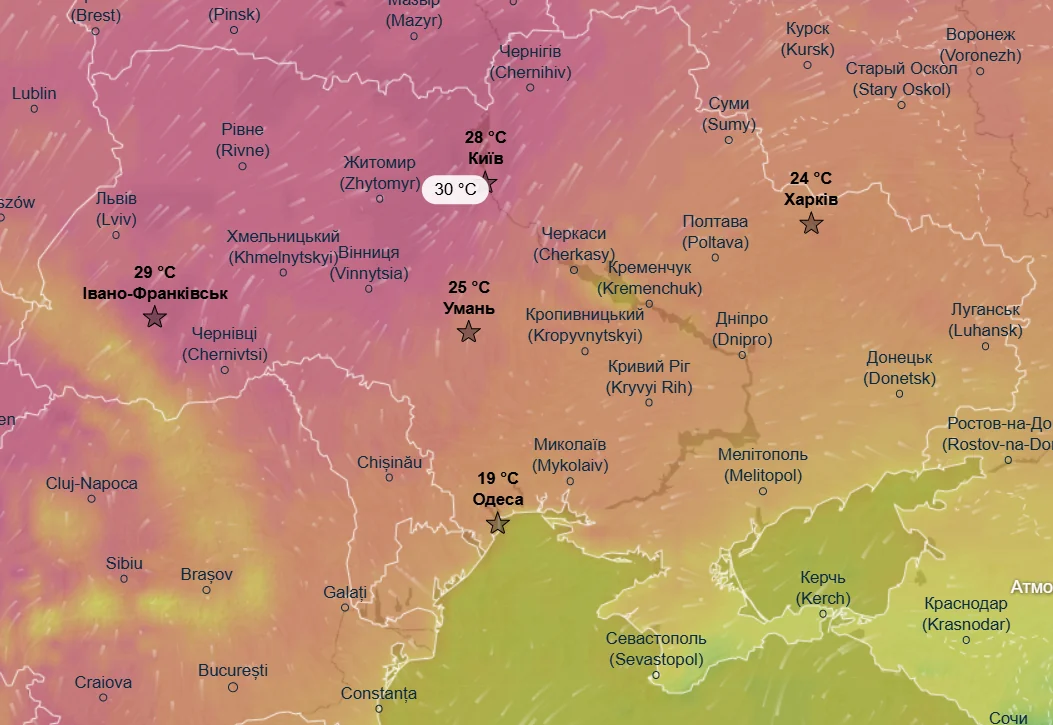 Карта температур України з прогнозом спеки до 30 градусів у Києві