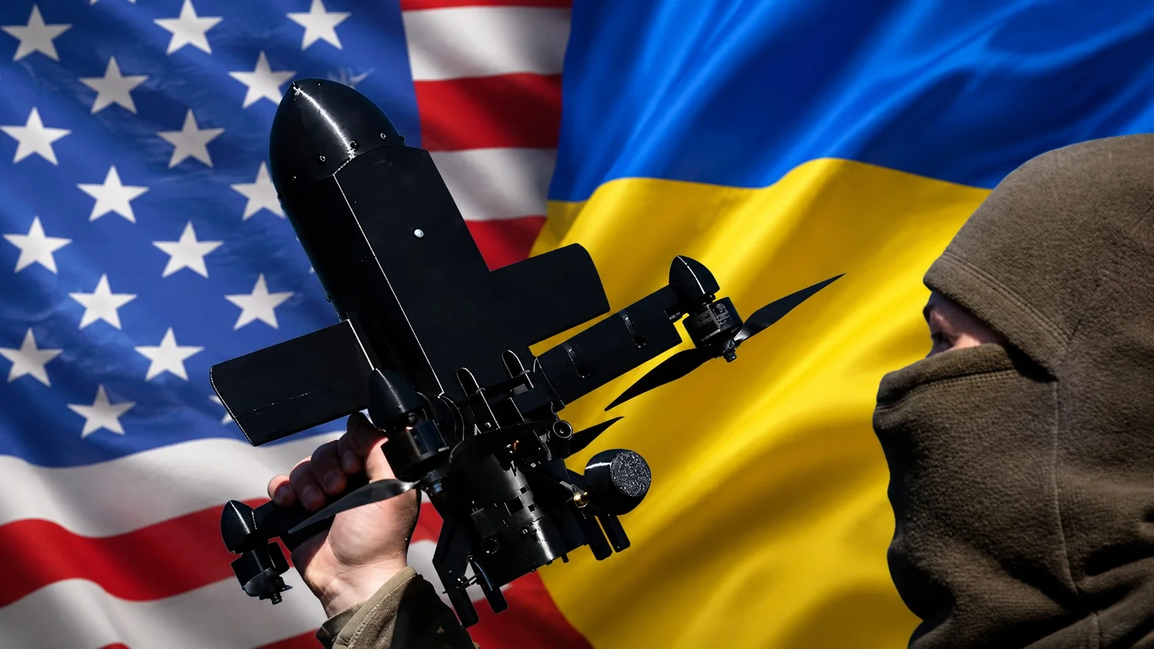 Спецпризначенець США тримає дрон на тлі прапорів України та Америки