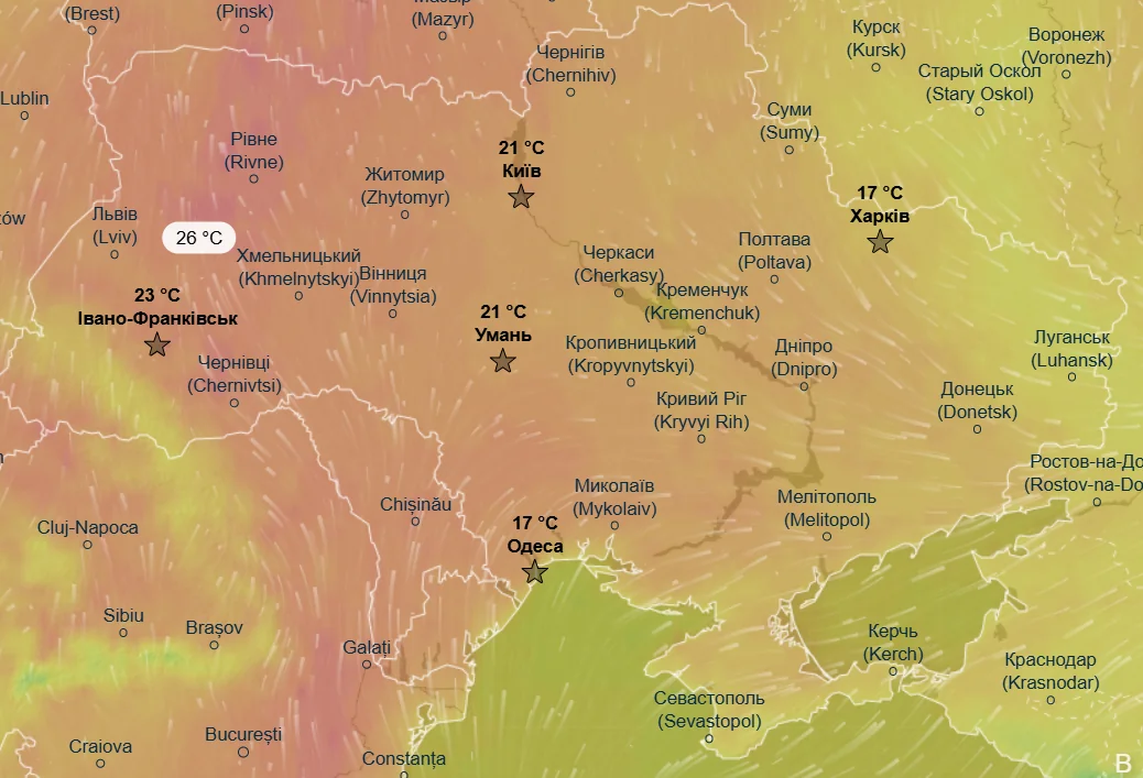 Карта температур в Україні 2 червня: від 17°C на сході до 26°C на заході