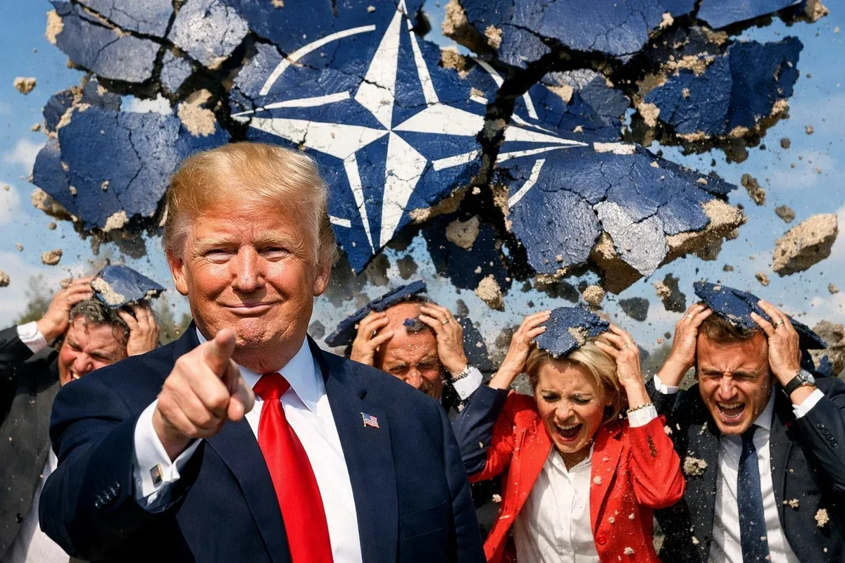 Трамп руйнує НАТО на тлі розколотого логотипу альянсу з розгубленими лідерами Європи