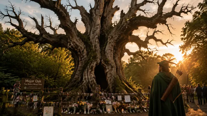 Дуб Major Oak Робіна Гуда в Sherwood Forest з фігурою лучника та квітами