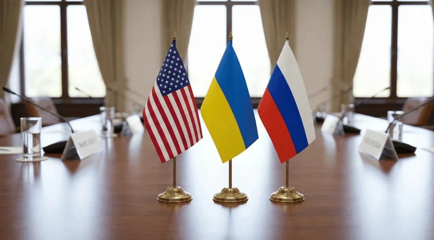 Прапори США, України та Росії на столі переговорів про мир