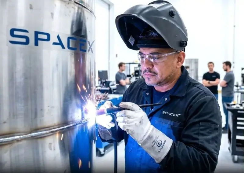 Сварщик SpaceX стал миллионером после IPO компании Сварщик SpaceX выполняет сварку детали на производстве