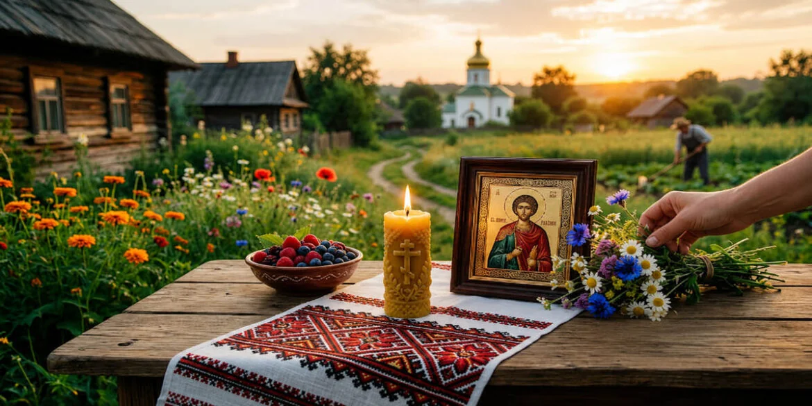 Ікона Афанасія Афонського зі свічкою та квітами на столі під час свята 5 липня