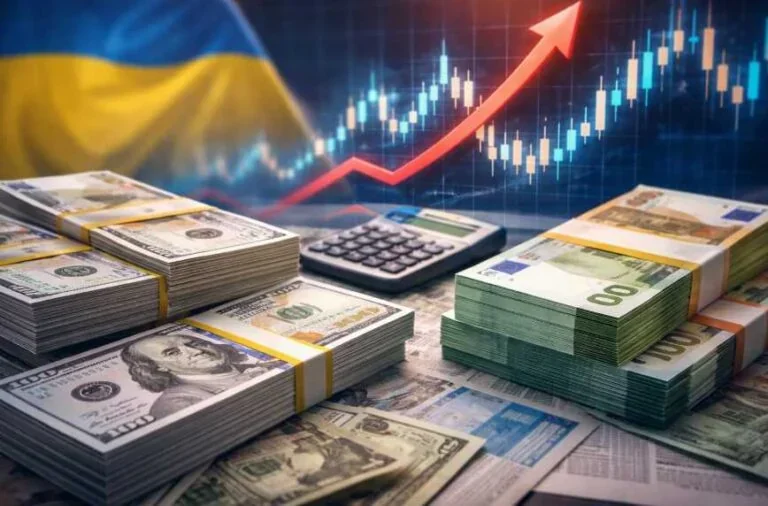 Стоси доларів і євро з графіком зростання курсу в Україні