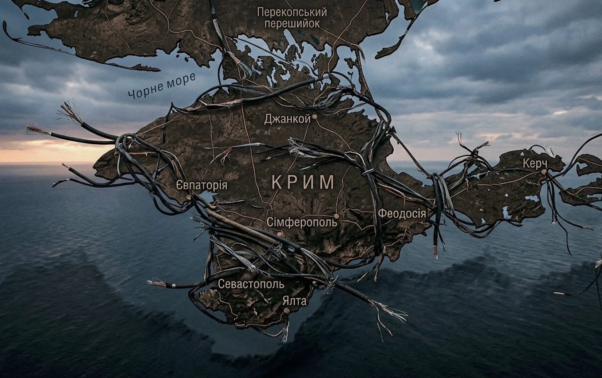 Мапа Криму, обплетена колючим дротом, що символізує ізоляцію півострова