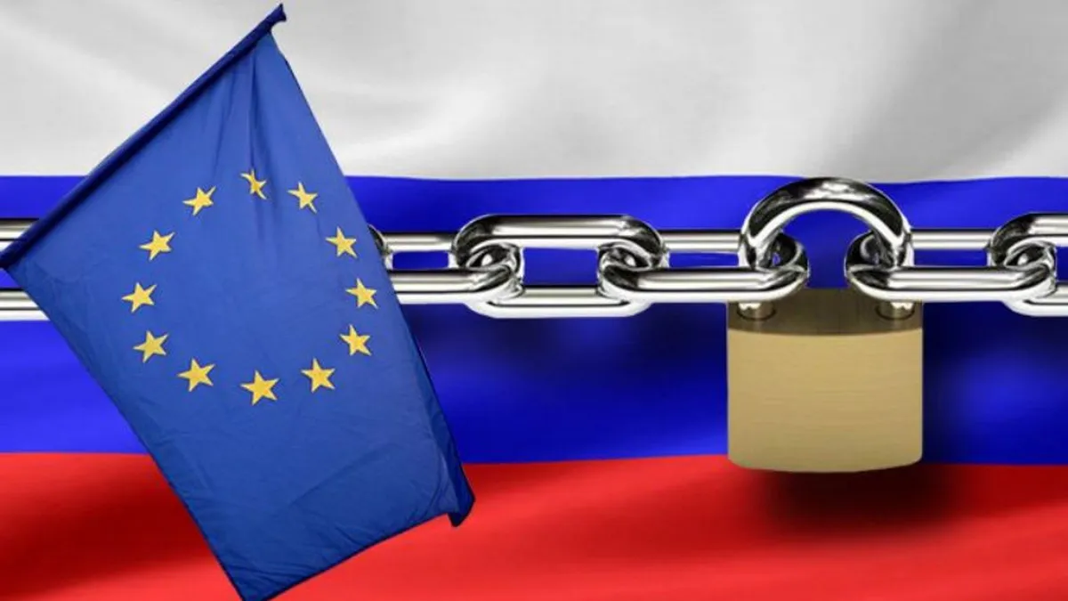 Прапор ЄС з ланцюгом і замком на прапорі Росії