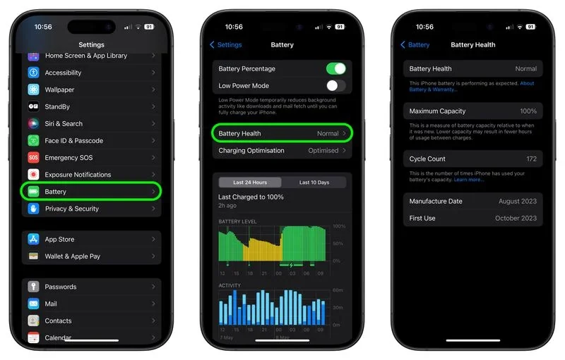 Настройки iPhone с разделом Состояние аккумулятора Normal и показателями ёмкости 100%