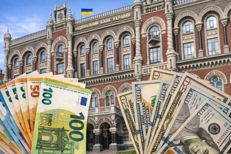 Банкноти доларів і євро на тлі Національного банку України