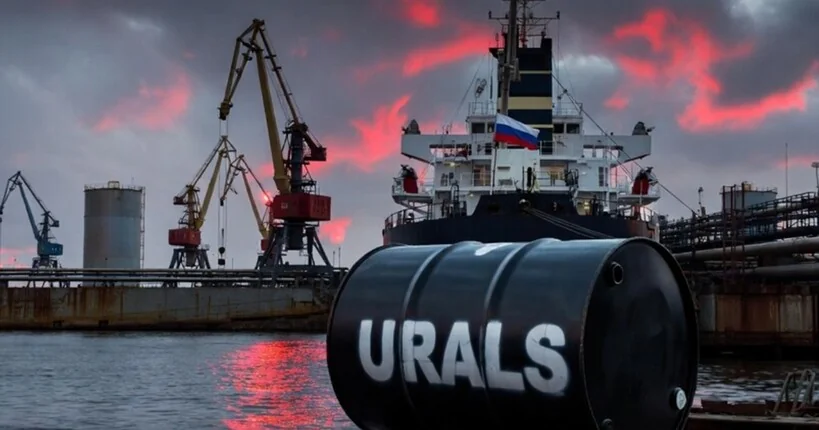 Бочка Urals у порту на тлі російського танкера під червоним небом