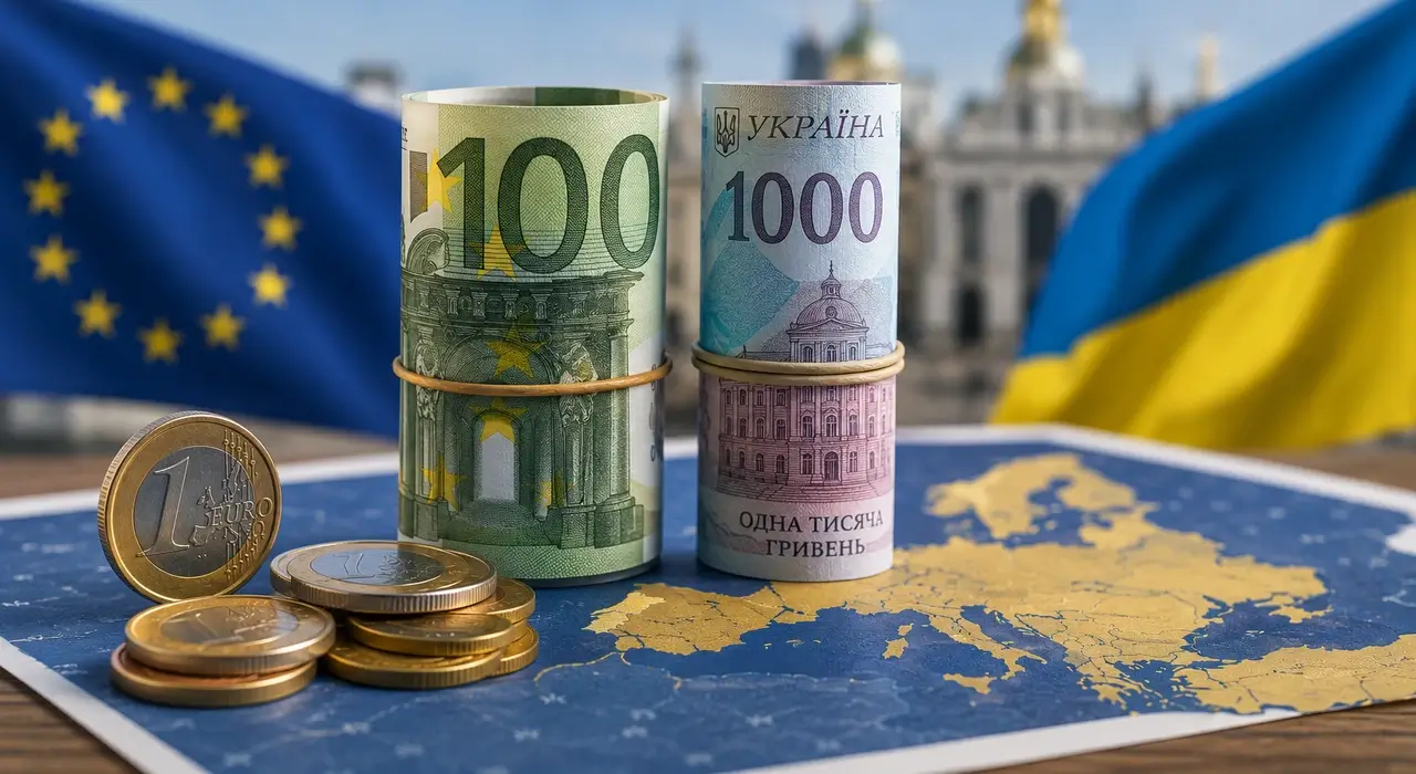 Банкноти 100 євро та 1000 гривень на мапі Європи з прапорами ЄС і України