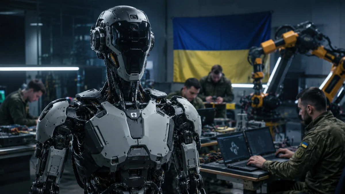 Украина финансирует боевых гуманоидов: детали конкурса Brave1 Боевой гуманоидный робот в лаборатории Brave1 с флагом Украины
