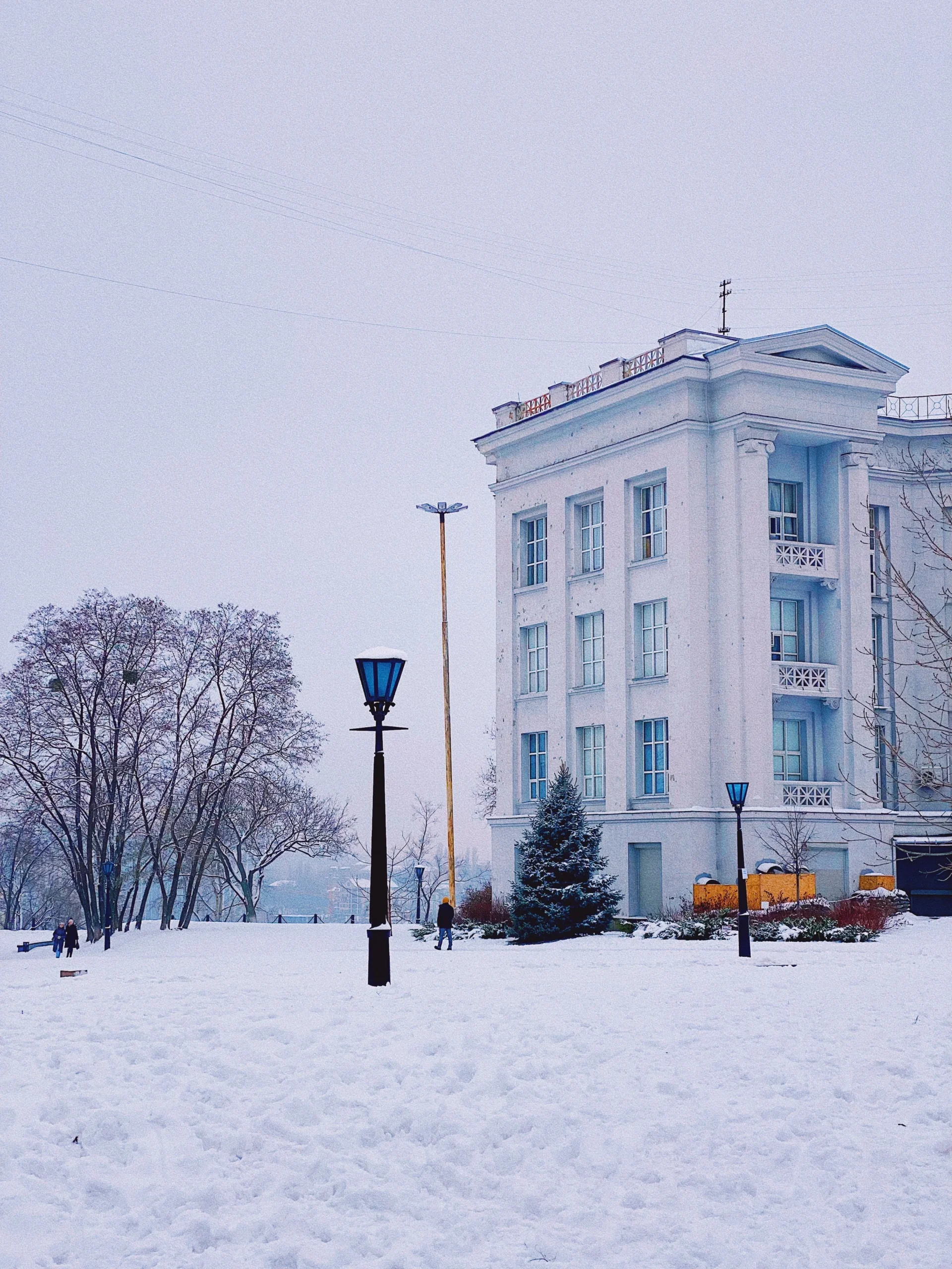 Біла класична будівля серед снігу, голих дерев і ліхтарів взимку
