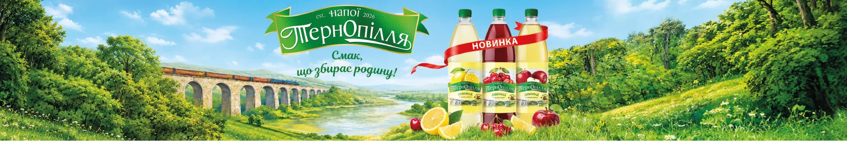 Рекламний банер напоїв Тернопілля з пляшками, поїздом на віадуку та зеленим краєвидом